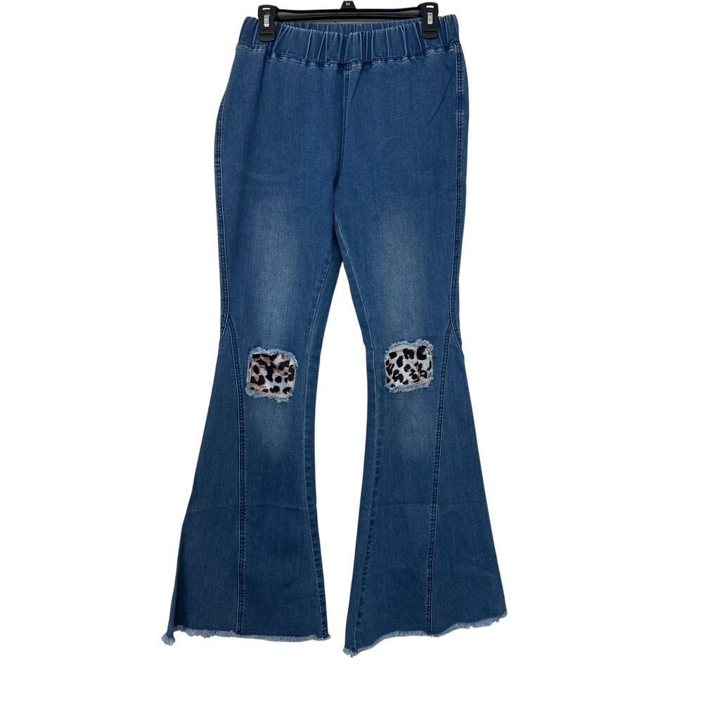 Tracies Leopard Patch Flare Jeans L Bell Bottom Pull On Stretch Denim Boho